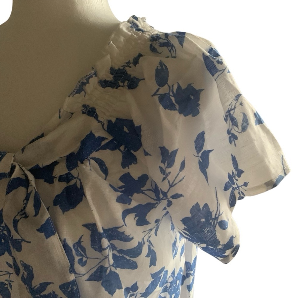 π Floral Linen Tunic Top Ruffle Tie Front Light Smocking Periwinkle Blue White M - Picture 7 of 14
